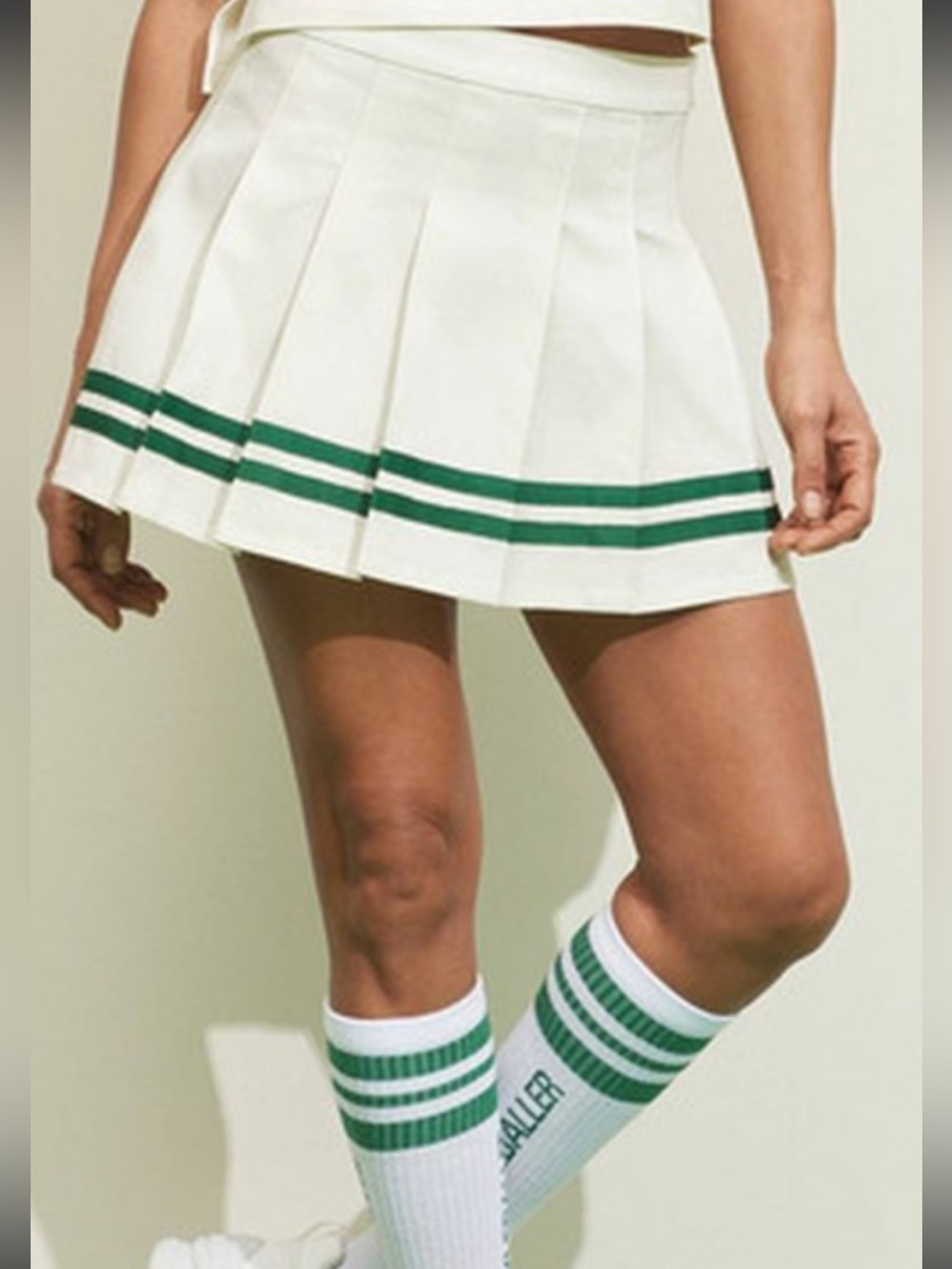 Prince Pickleball White Pleated Mini Skirt with Green Stripe